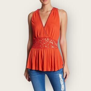 Free People Megan Peplum Knit Blouse | Small | Burnt Red Western Flowy Top
